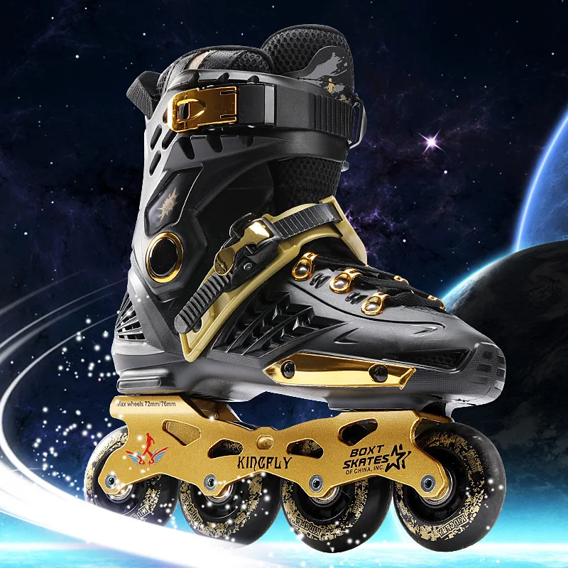 

Men's Women's Adult Inline Skates Black Gold Ice Skates for Beginners Wholesale Flat Single Row Roller Skates Flashing Inline