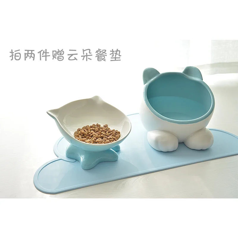 Pet Ceramic Single and Double Bowl Garfield Flat Face Cat Bowl Tilt Mouth High Foot Protection Cervical Spine