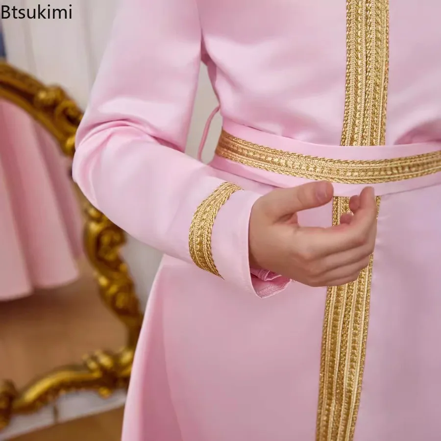 Girls Muslim Ramadan Abaya Kids Clothing Long Sleeve V Neck Prayer Dress Middle East Arabic Kaftan Robe Elegant Sweet Party Gown 5