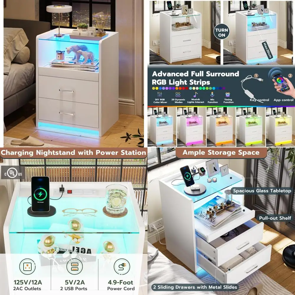 

contemporary 2-drawer nightstand with charging station, led lighting, and tempered glass top