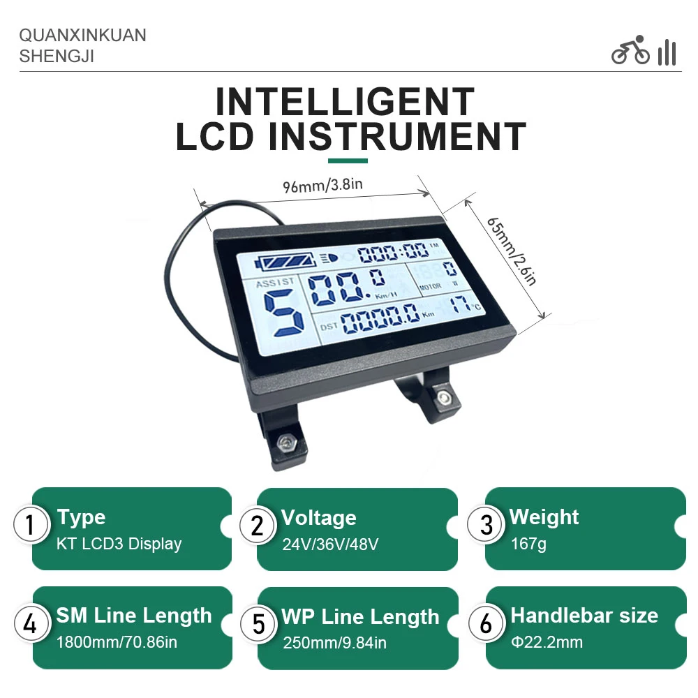 Ebike KT 24V36V48V72V LCD3 LCd3U Display with USB Waterproof Intelligent Meter for Electric Bicycle Hub Motor Conversion Kit