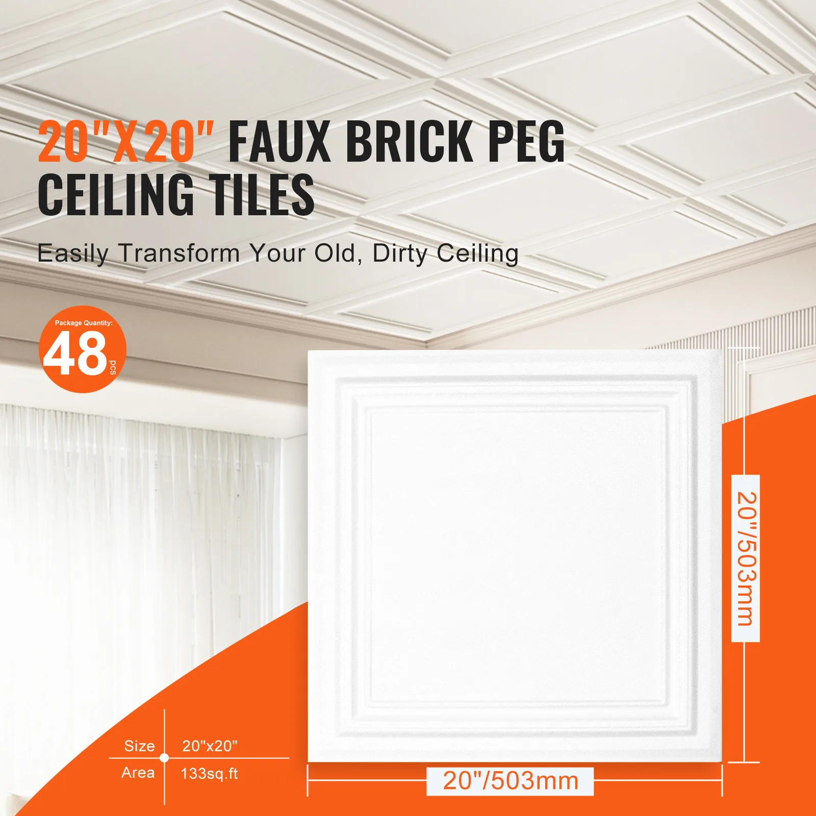 Ceiling Tiles Panel 48 Pack 20x20in Glue up DIY Home Decor White 133 sq.ft