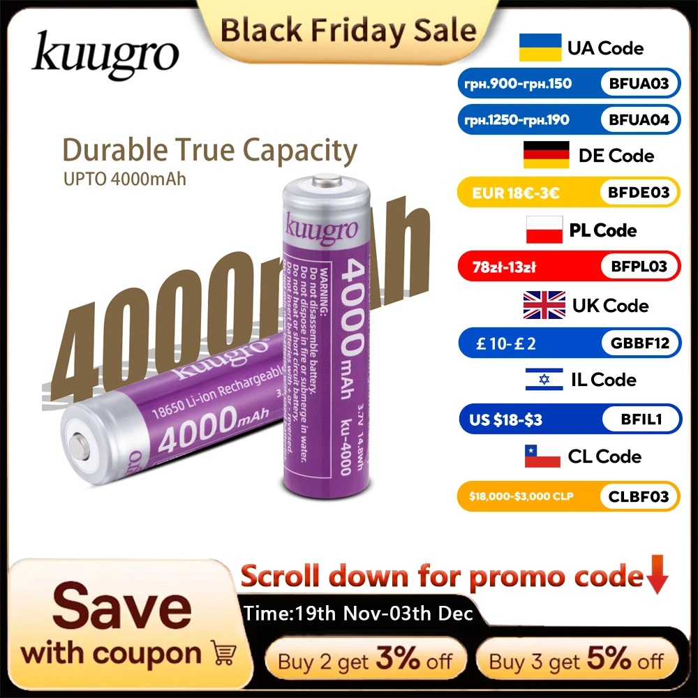 

Kuugro 18650 4000mAh Pointed Head Battery 3.7V Highest Capacity 12A Discharging Rechargeable Batteries For Flashlight Batteries