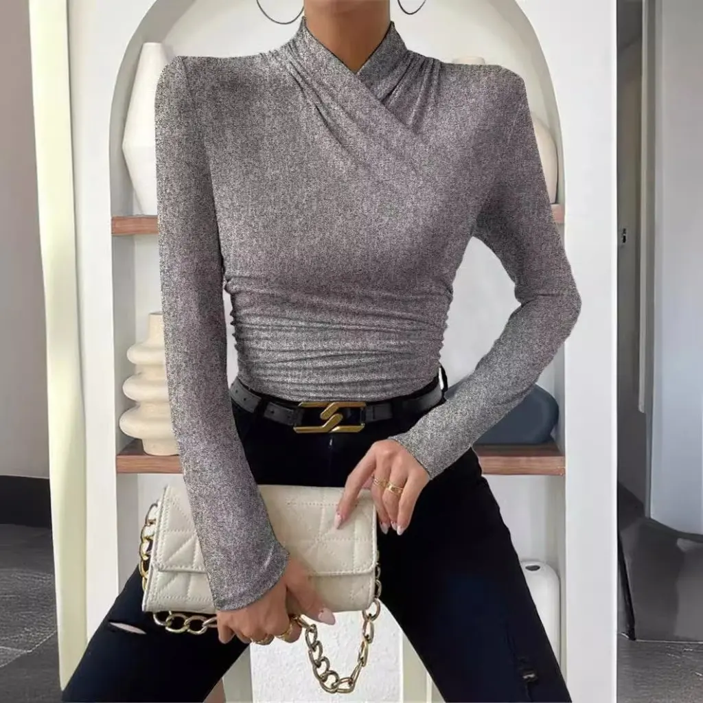 

Slim Fit Cross Collar T-Shirt Autumn Winter New Design All-Match Pleated Top for Women European And US Style