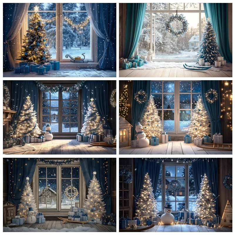 Christmas Window Backdrop Photography Blue Curtain Snowmen Baby Family Party Portrait Photographic Background For Photo Studio