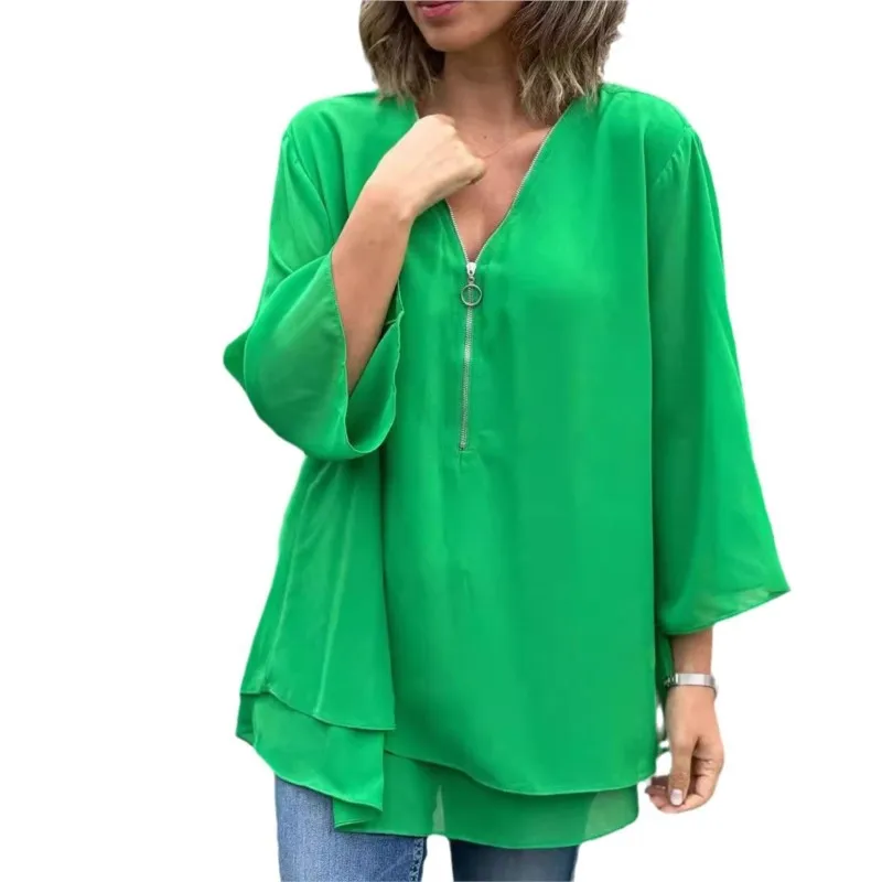 Autumn Women\'s Loose Blouses Elegant V-neck Three Quarter Sleeve Casual Chiffon Tops Metal Zipper Casual Shirts Women Clothing