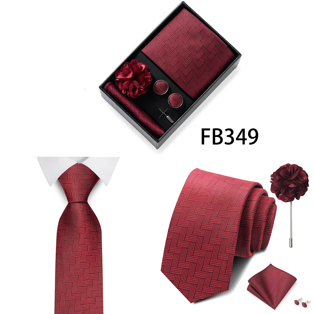 Neues Marken-Mode-Set: 8 cm Krawatte, Einstecktuch, Manschettenknöpfe und Brosche für Herren, Rot-Grau, Hochzeit, Geschenkbox, Passend für Partys – Detail 12