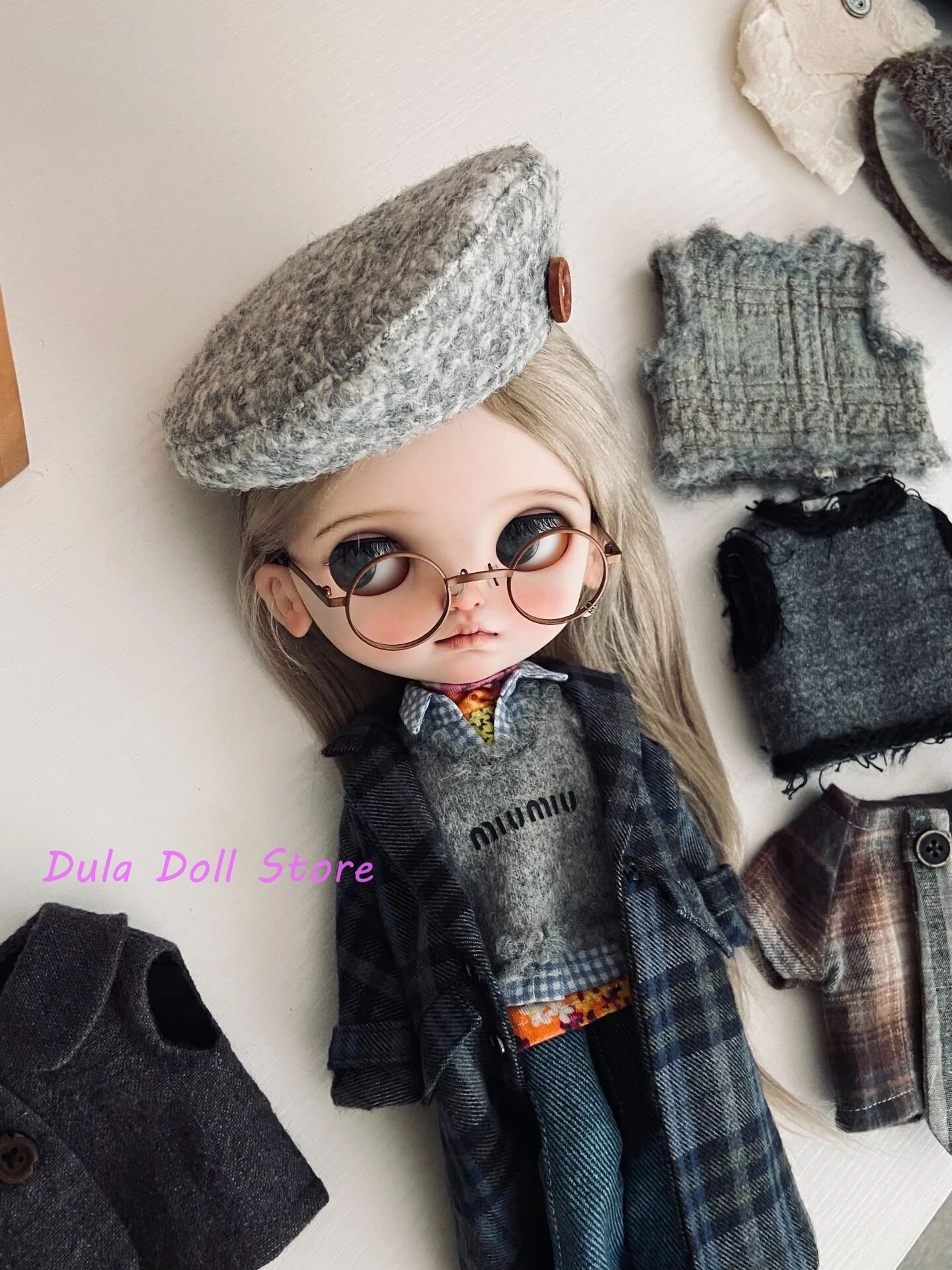 Dula Doll Clothes British-style gray-black patterned long coat for Blythe Landoudou Landazz ob24 ob22 Azone Licca ICY Doll