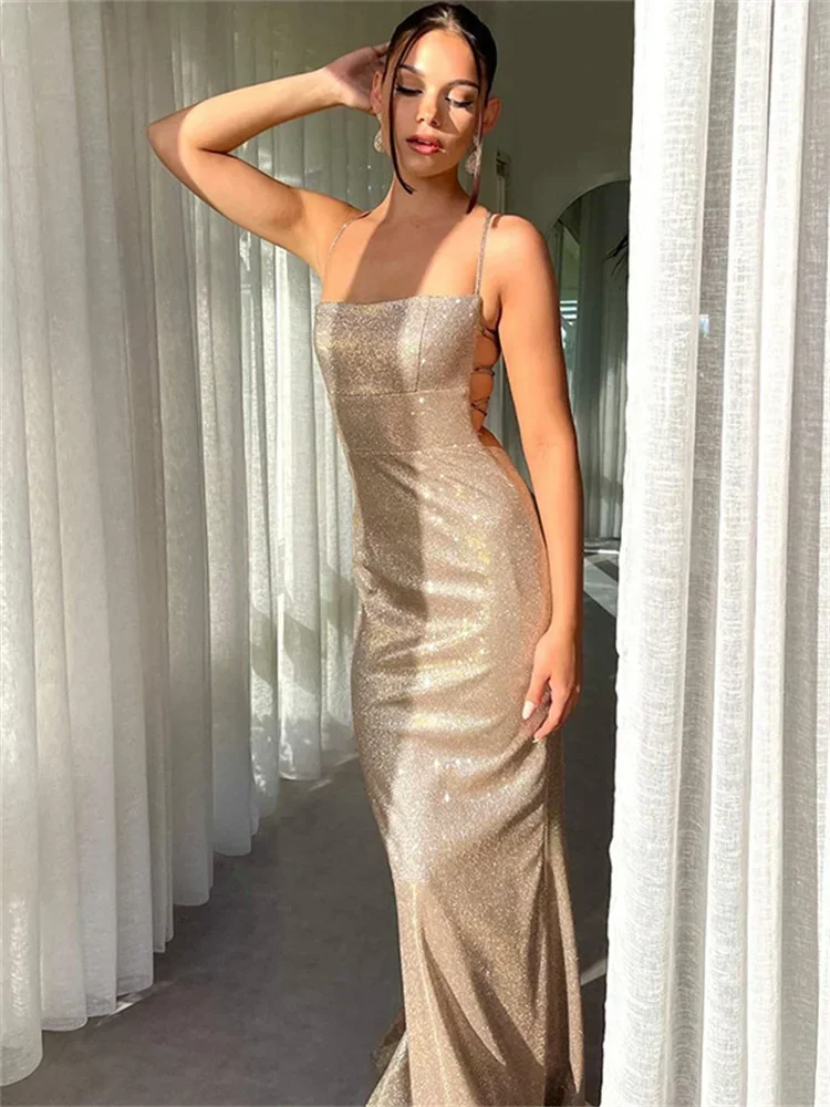 Glitter Backless Fashion Long Dress Women's Bandage Sexy Autumn 2024 Slim Sparkle Lace-Up Dress Ladies Party Dress Solid