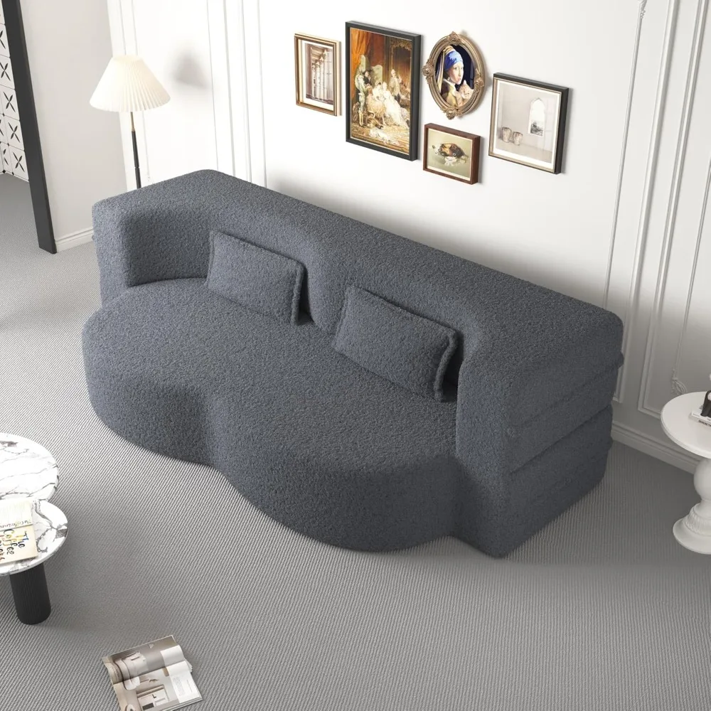 

78" Convertible Folding Sofa Bed, Queen Sleeper Sofa with Pillow, Modern Teddy Fabric Futon Couch with Foam Mattress for Living