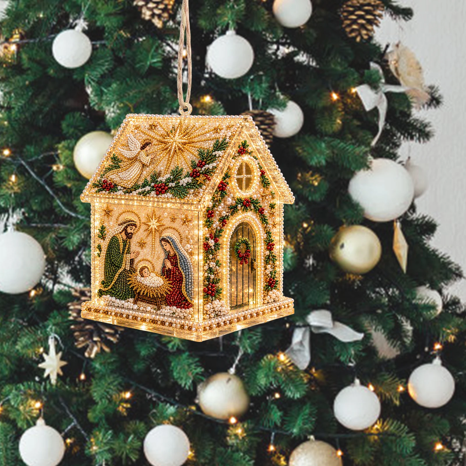 Christmas Diamond Painting House Ornament Acrylic DIY Kit 5.91in Round Resin Gems Pen Storage Box Step Guide