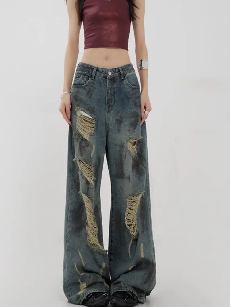 Deeptown-Calça feminina de perna larga de cintura alta, streetwear vintage americano, harajuku estético, calça jeans solta hip hop, Y2k, 2024