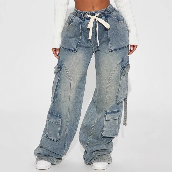 

Women's Y2K Loose Fit Casual Wide Leg Jeans Multiple Pockets Elastic Waist Trousers Versatile Floor Length Trendy Cotton Denim