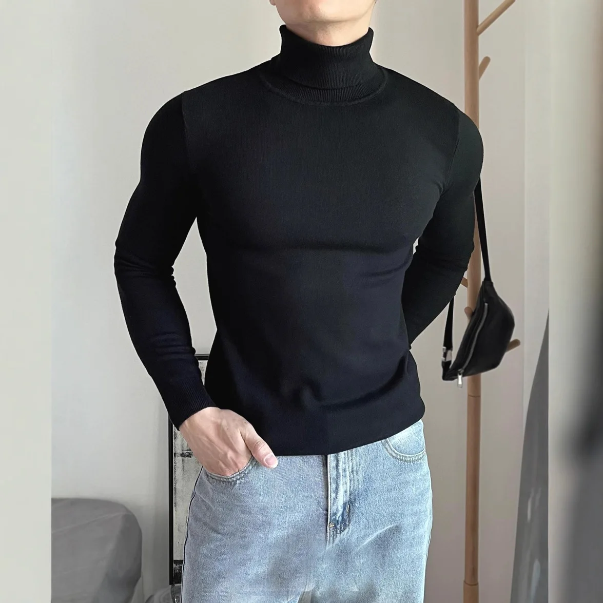 

Мужской вязаный свитер American Sle с высоким воротником и эластичной резинкой Long Sve Slim Fit Base irt Inner Wear Casual Sle Pure ...