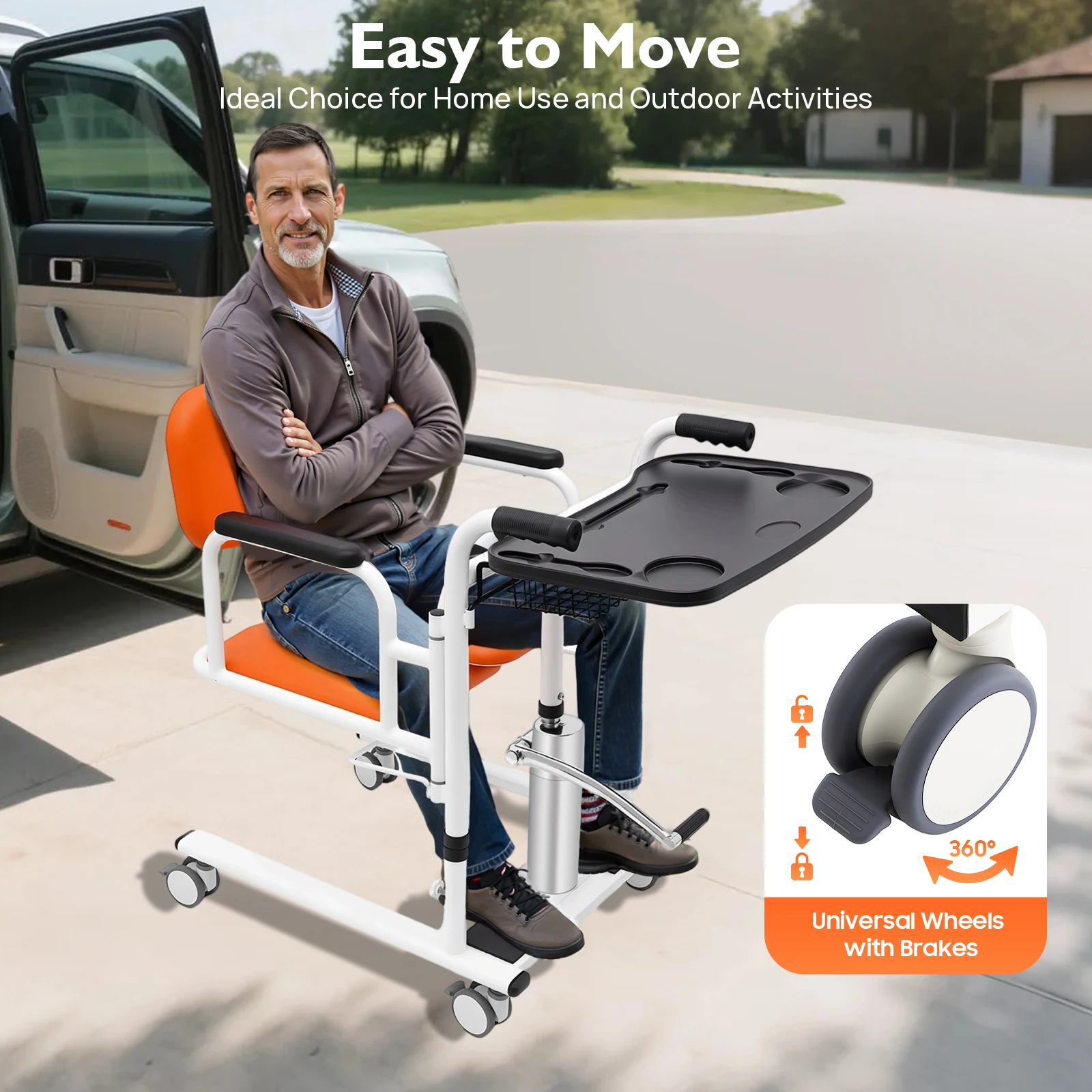 مساعد نقل الكراسي المتحركة المحمول لرفع المريض الهيدروليكي لكبار السن باللون البرتقالي والأبيض والأسود وحمولة 150 كجم #2