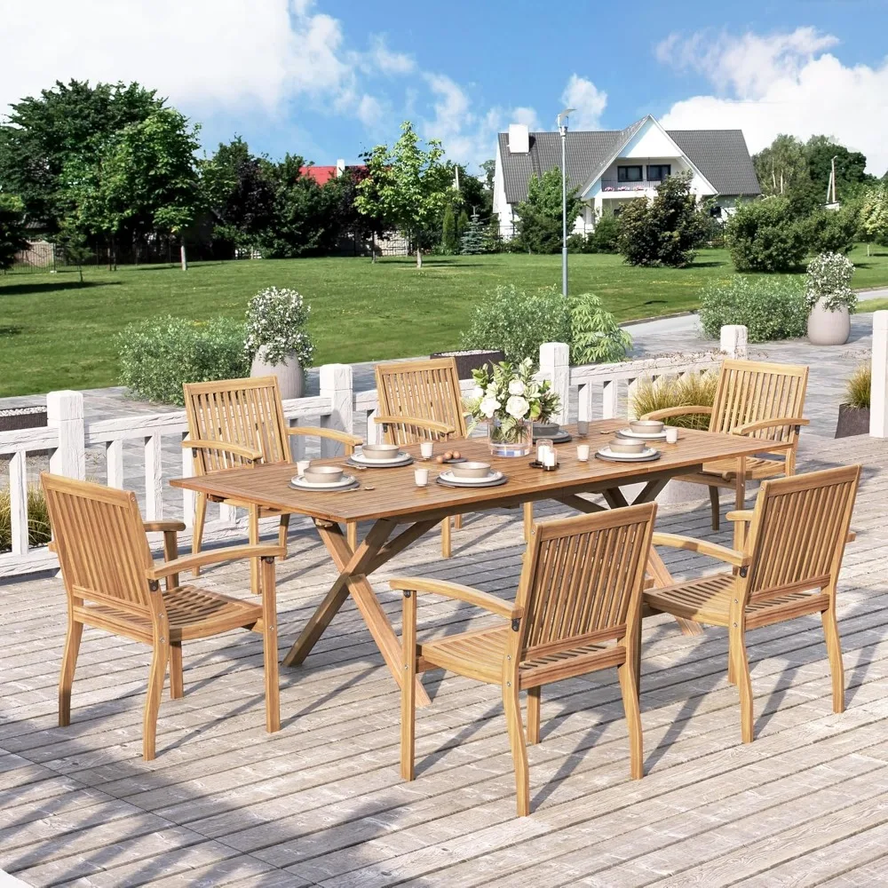 

7 Pieces Patio Dining Set, 6 x Wood Patio Chairs and 1 x Rectangular Expandable Acacia Wood Table, Patio Table and Chairs Set