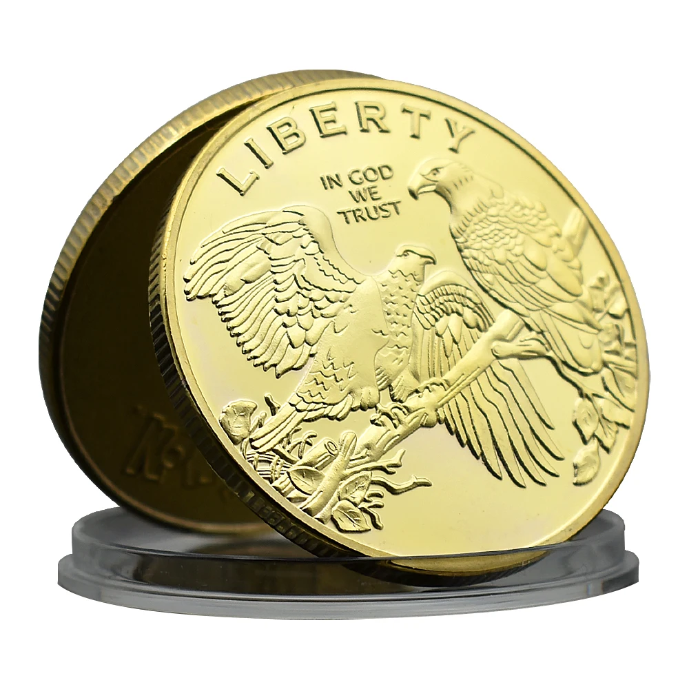 United States Liberty Gold Plated Challenge Coin in God We Trust Eagle Metal Medal with Plastic Case Art Craft