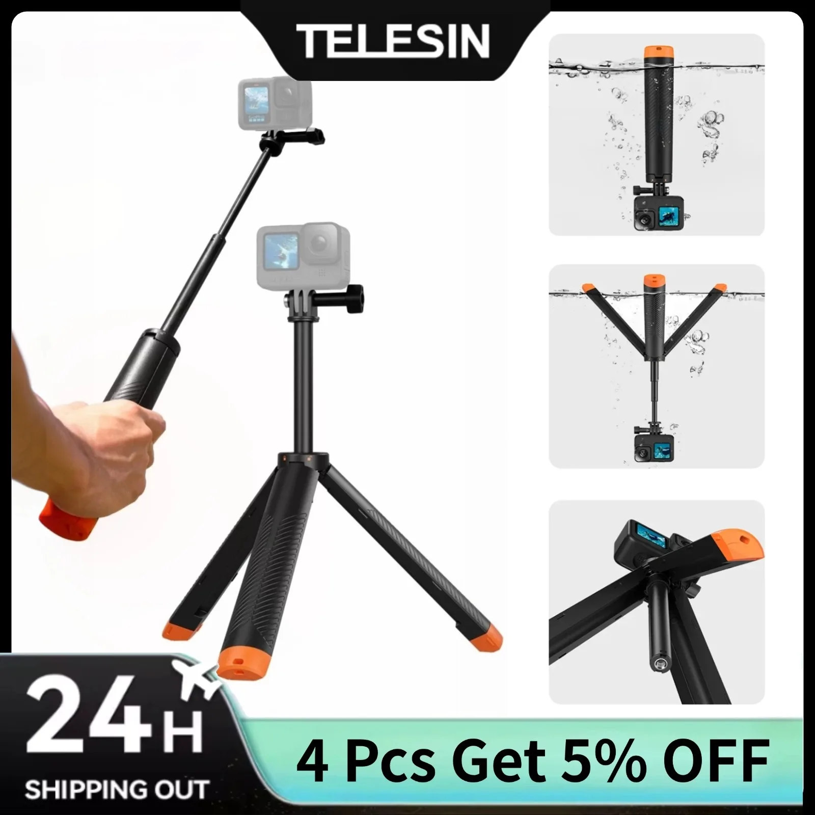 

TELESIN Floating Selfie Stick Tripod for GoPro Hero13 12 11 10 9 8 7 DJI OSMO Action 5 Pro 4 3 Insta360 Waterproof Handle Grip