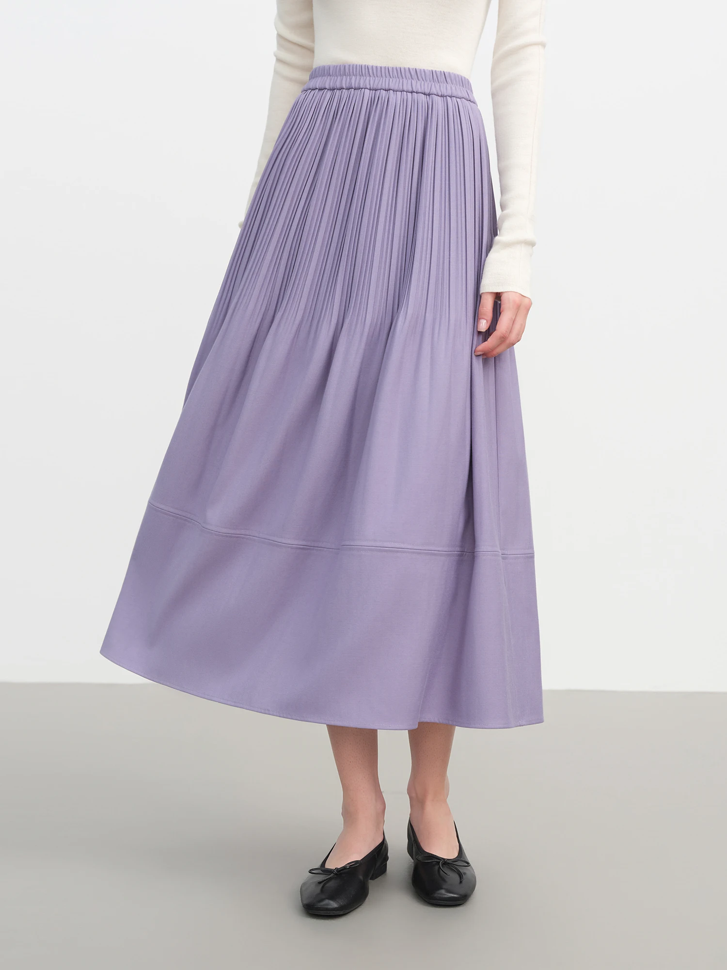 FSLE 2025 新作 レディース フレンチスタイル オンブレ プリーツ Aライン ミディスカート パープル ハイウエスト エレガント ティアード ラッフル ストレッチウエスト カジュアル