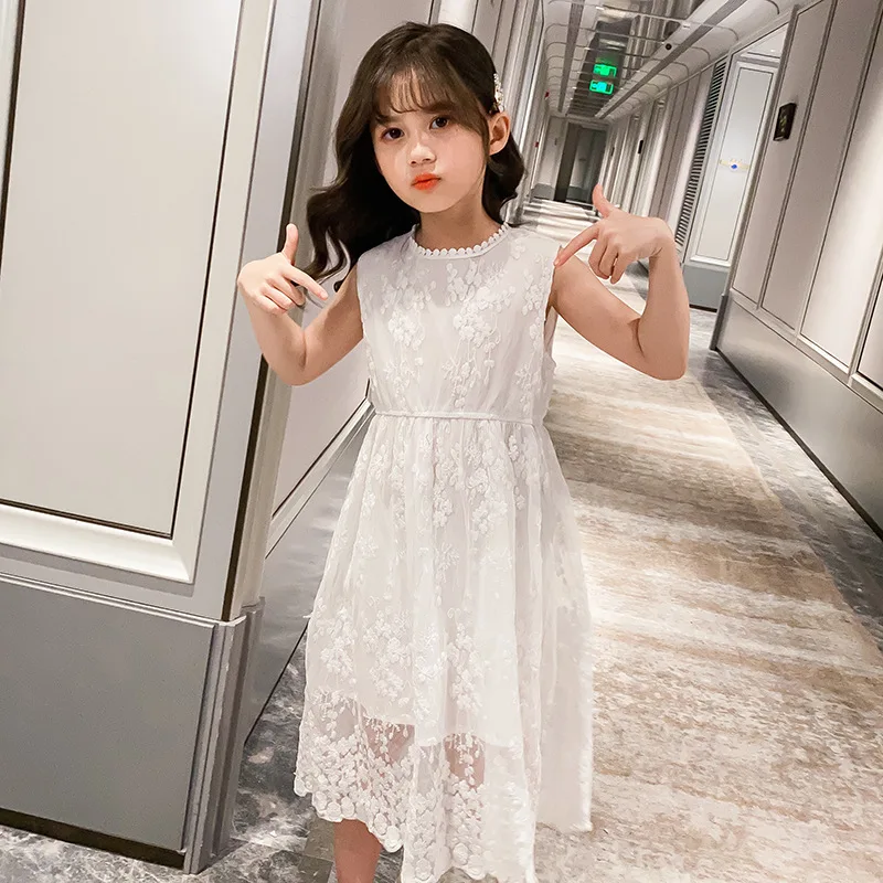 2022 summer Teenager kids Girls clothes floral mesh Princess white Dress lace off shoulder sleeveless 5 6 7 8 9 10 11 12 Years