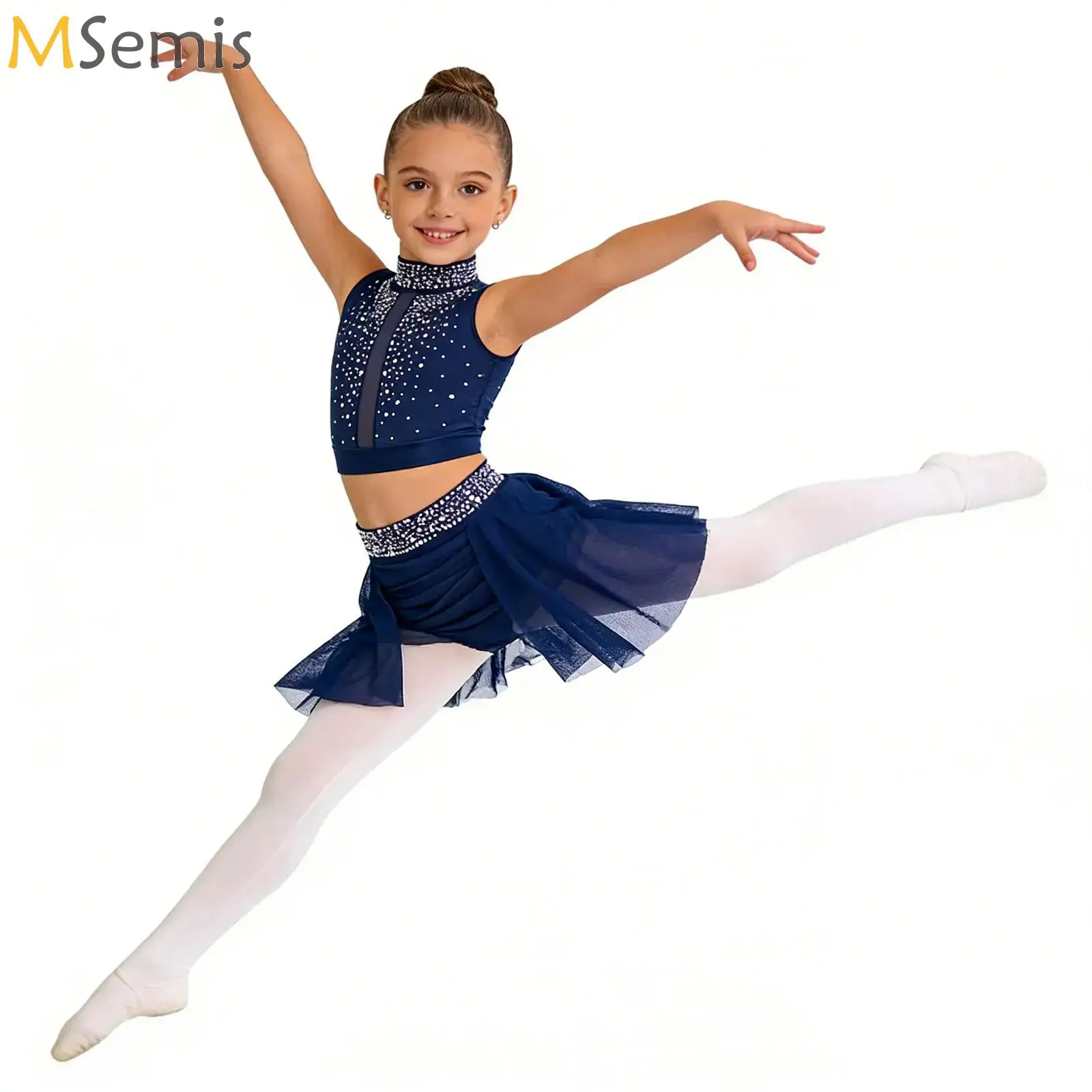 

Teens Girls Modern Lyrical Dance Outfit Sleeveless Crop Top with Skirt for Figure Skating Jazz Ballet Gymnastics Performance