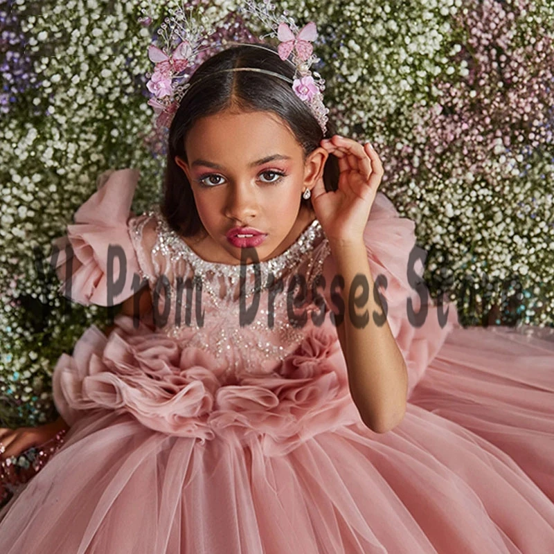 Yl elegante puff manga vestidos da menina flor varredura trem miçangas lantejoulas de cintura alta princesa ruched primeira comunhão vestidos