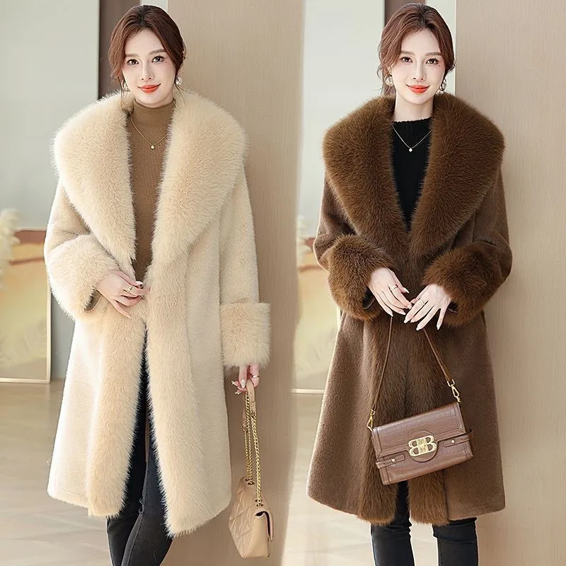 

New cotton-padded fur long coat large collar for women