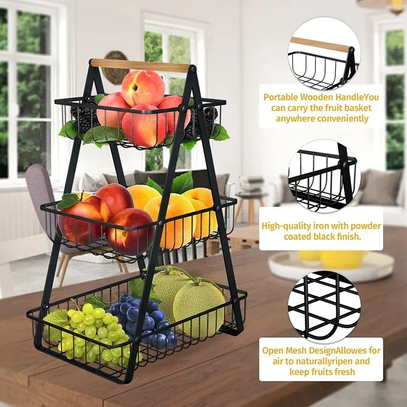 3-Tier Fruit Basket Metal Fruit Bowl Bread Baskets Countertop Vegatable Storage Stand for Kitchen