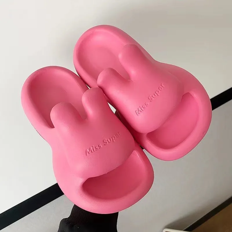 Summer sweet Korean version of cute vertical-eared rabbit slippers women's outer wear home non-slip and shit-stepping slippers