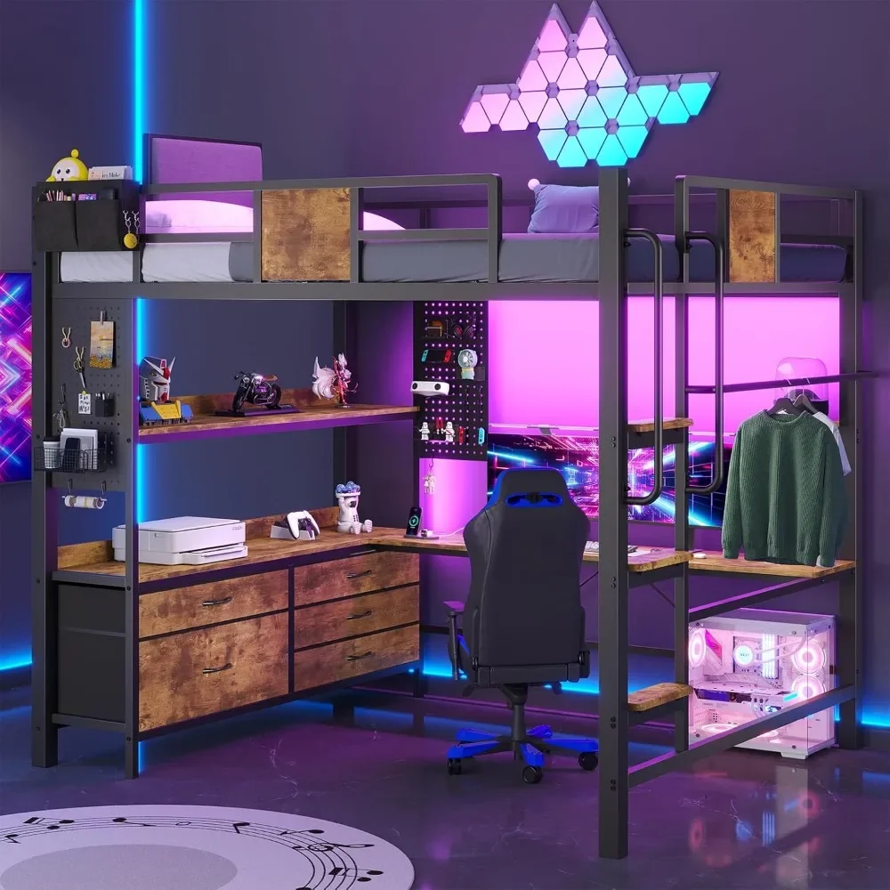 Loft Bed with L-Shaped Desk Full Size,Full Size Bed Frame with 5 Storage Drawers, Bunk Bed with Desk view 2