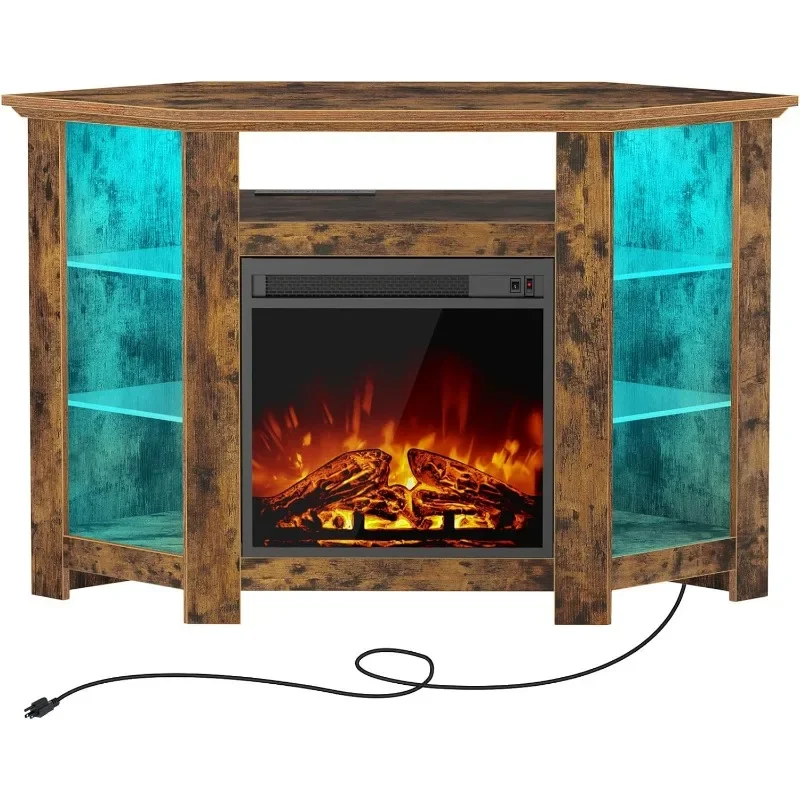 

Fireplace Corner TV Stand for 43" 50" 55", 47 Inch TV Stand with Power Outlets and LED Lights, Rustic TV Console,