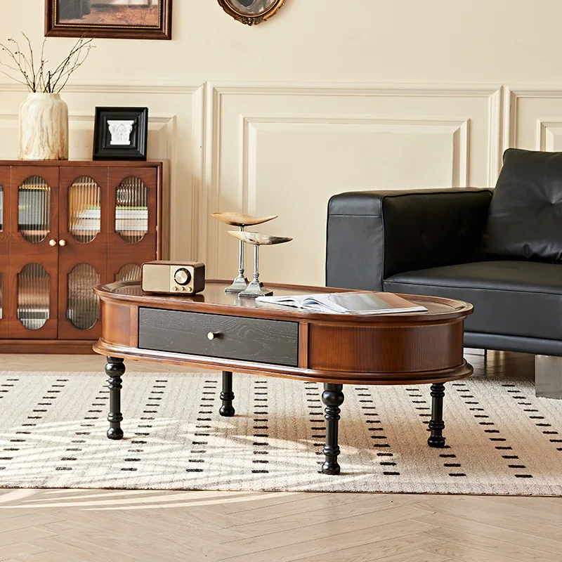 French Vintage Mid-Century Luxurious Solid Wood Oval Coffee Table – Drawer-Equipped Living Room Table