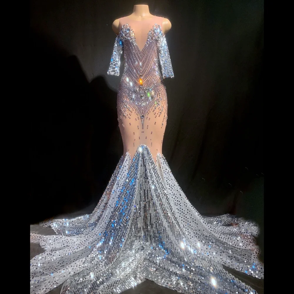 Robe Longue à Paillettes Transparentes pour Femme, Tenue de Soirée, Anniversaire, Costume de Scène en Strass