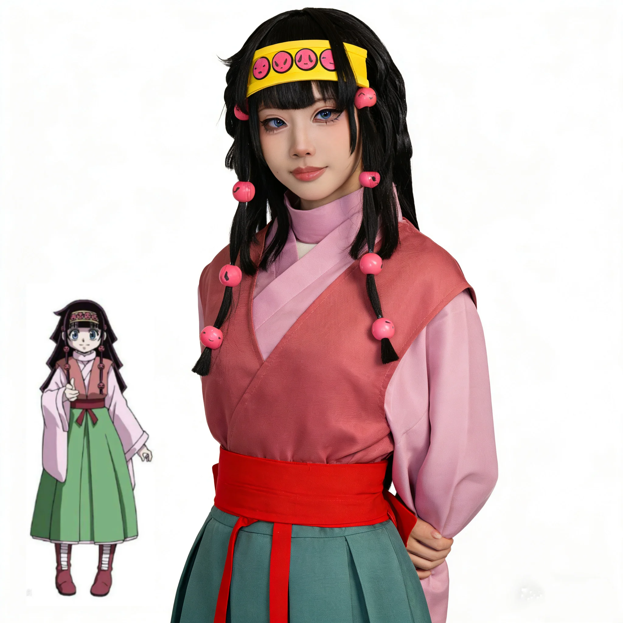 Anime Alluka Zoldyck Cosplay Costume Pink Green Japanese kimono Wigs Full Set Halloween Party Role Play Dressing