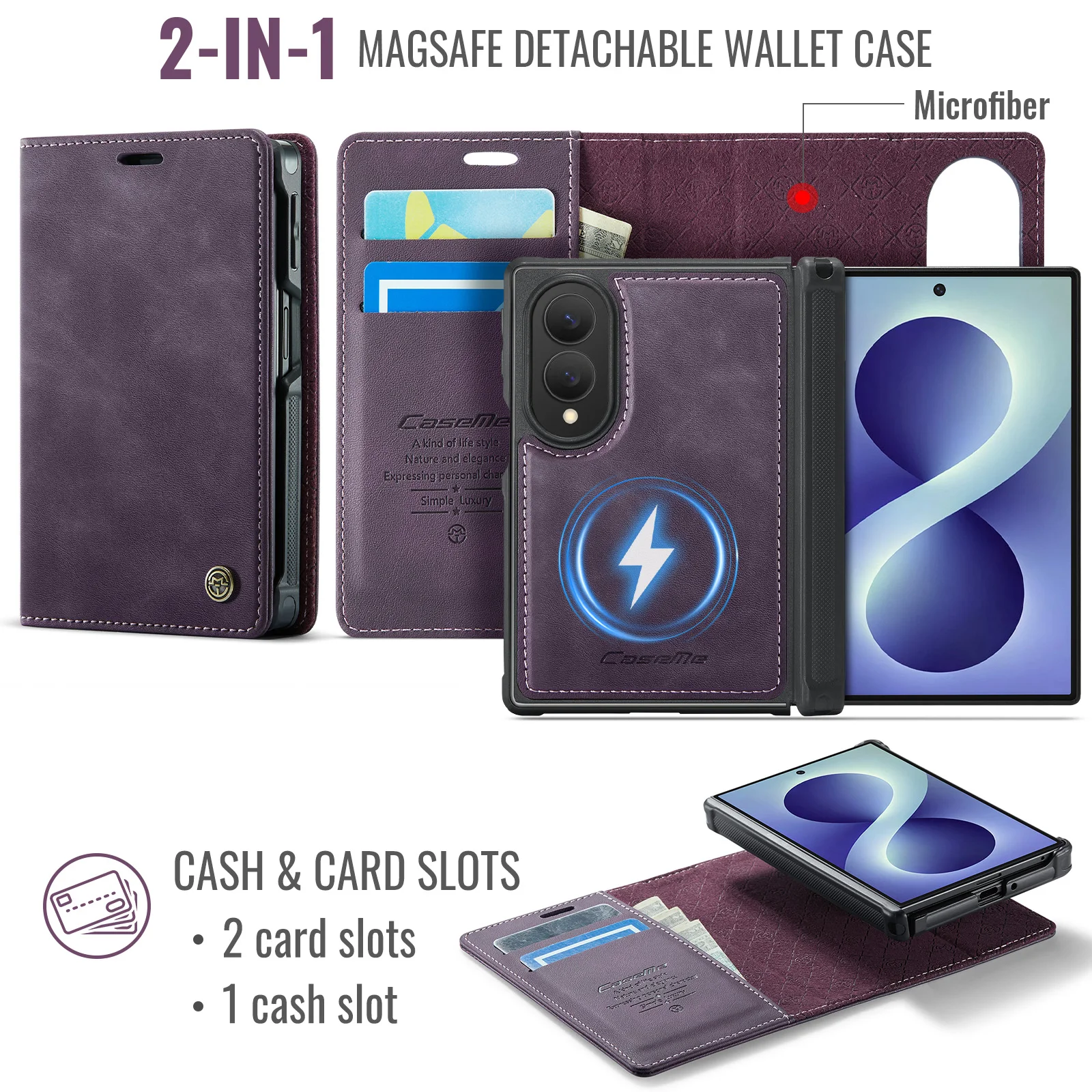 Caseme-C49 2-in-1 Magsafe Detachable Wallet Case For Samsung Galaxy Z Fold 8 Vintage Leather Flip Cover Card Slots Kickstand