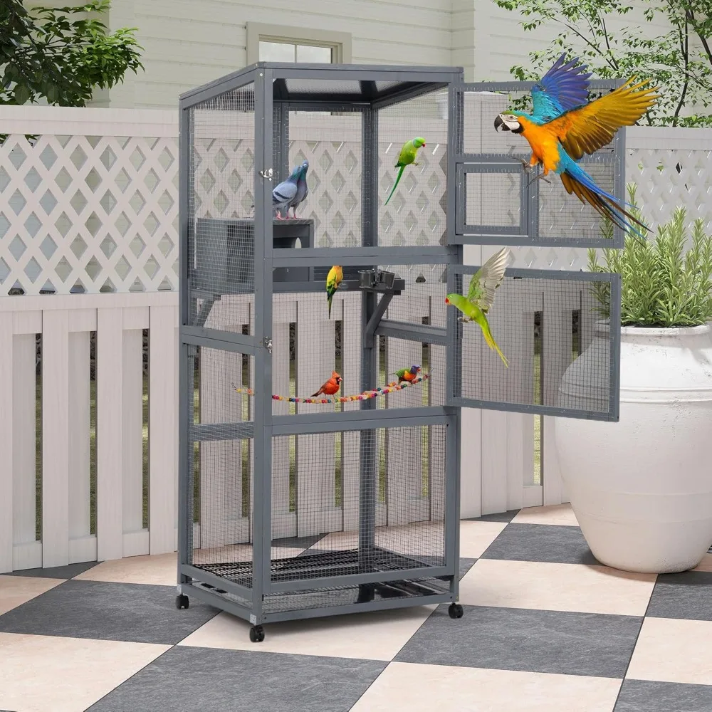 Jaula grande de madera para pájaros de 68 "H con ruedas, aviário para pájaros al aire libre, jaula grande de madera para pájaros para interiores, jaula para periquitos con bandeja extraíble