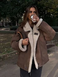 Casual brown Thicken Lamb Wool coat Women chic lapel Long Sleeve button Suede Jacket 2024 Autumn winter Lady Streetwear Coats