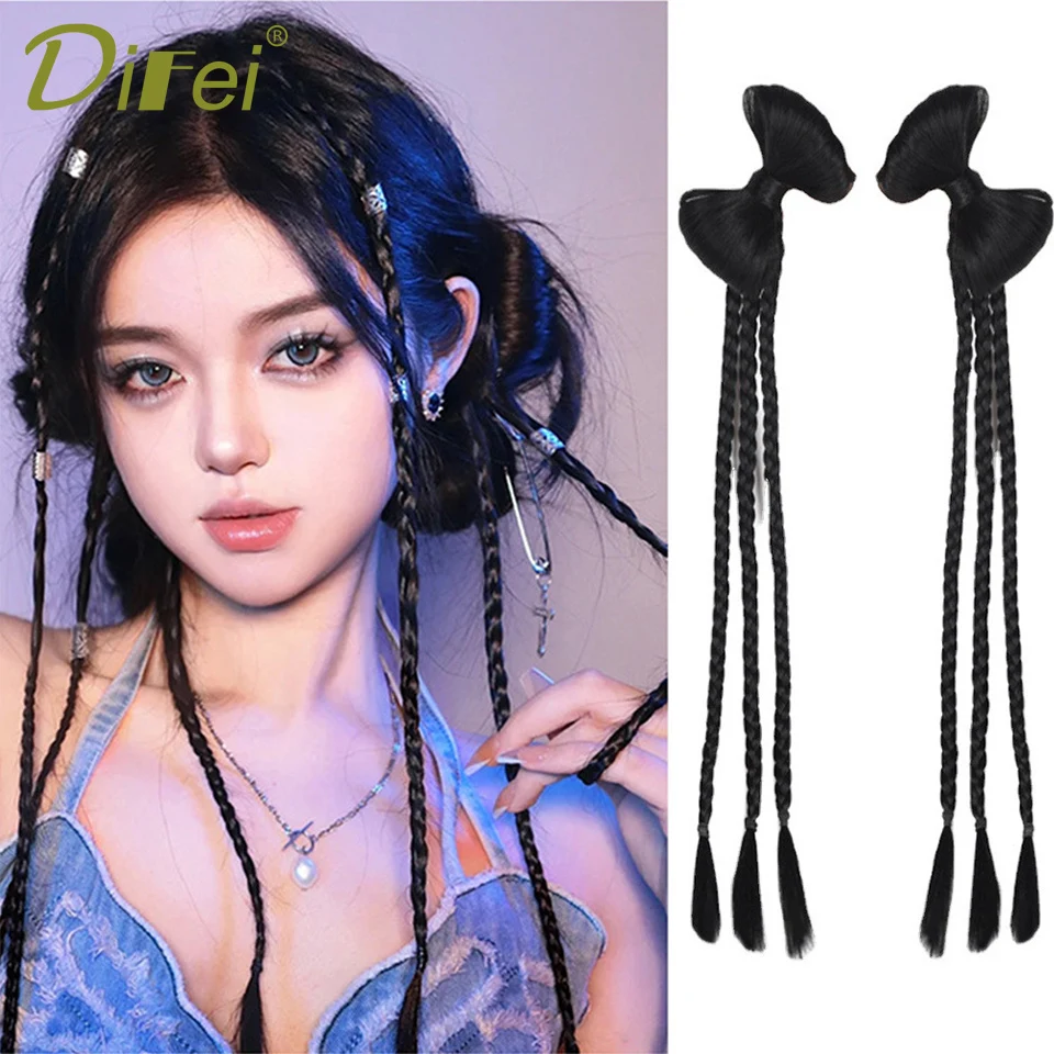 DIFEI Bow Braid Synthetic Wig Braid Female Ponytail Bow Boxing Braid Cute Spice Girl Strap Double Ponytail Wig Braid Female