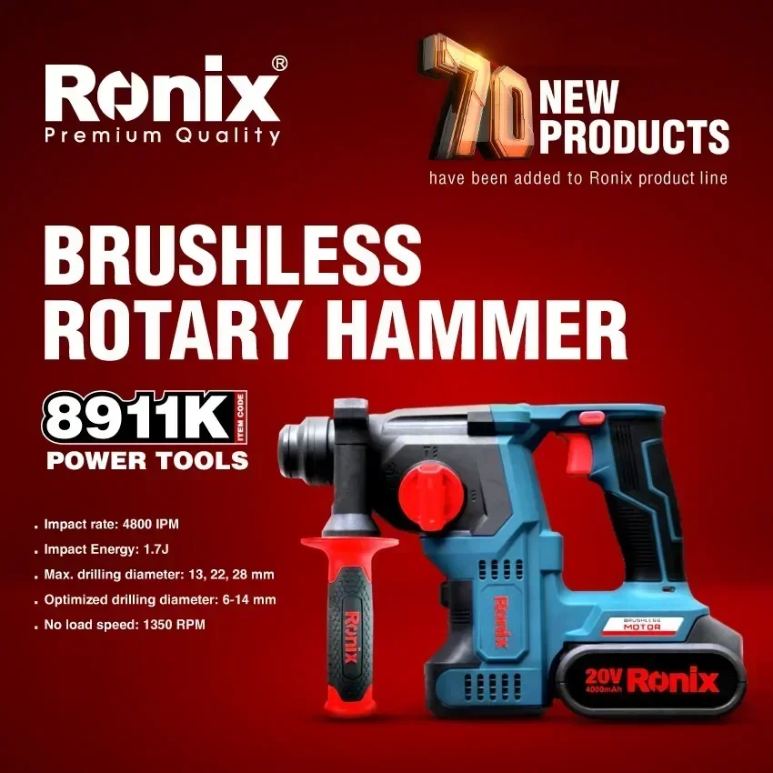 Ronix model 8911k 22mm Power Portable Electric SDS Plus Cordless Breaker Demolition Jack Rotary Hammer with Lithium Battery