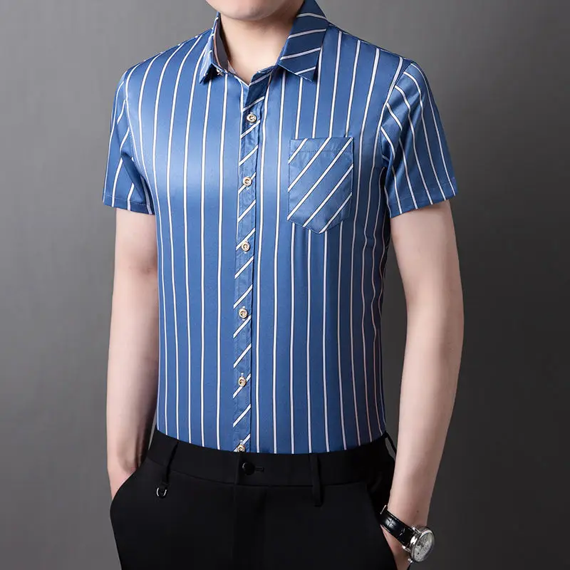 

Men's Clothing Summer Striped Button Short Sleeve Turn-down Collar Solid Color Cardigan Shirt Casual Formal Business Tops