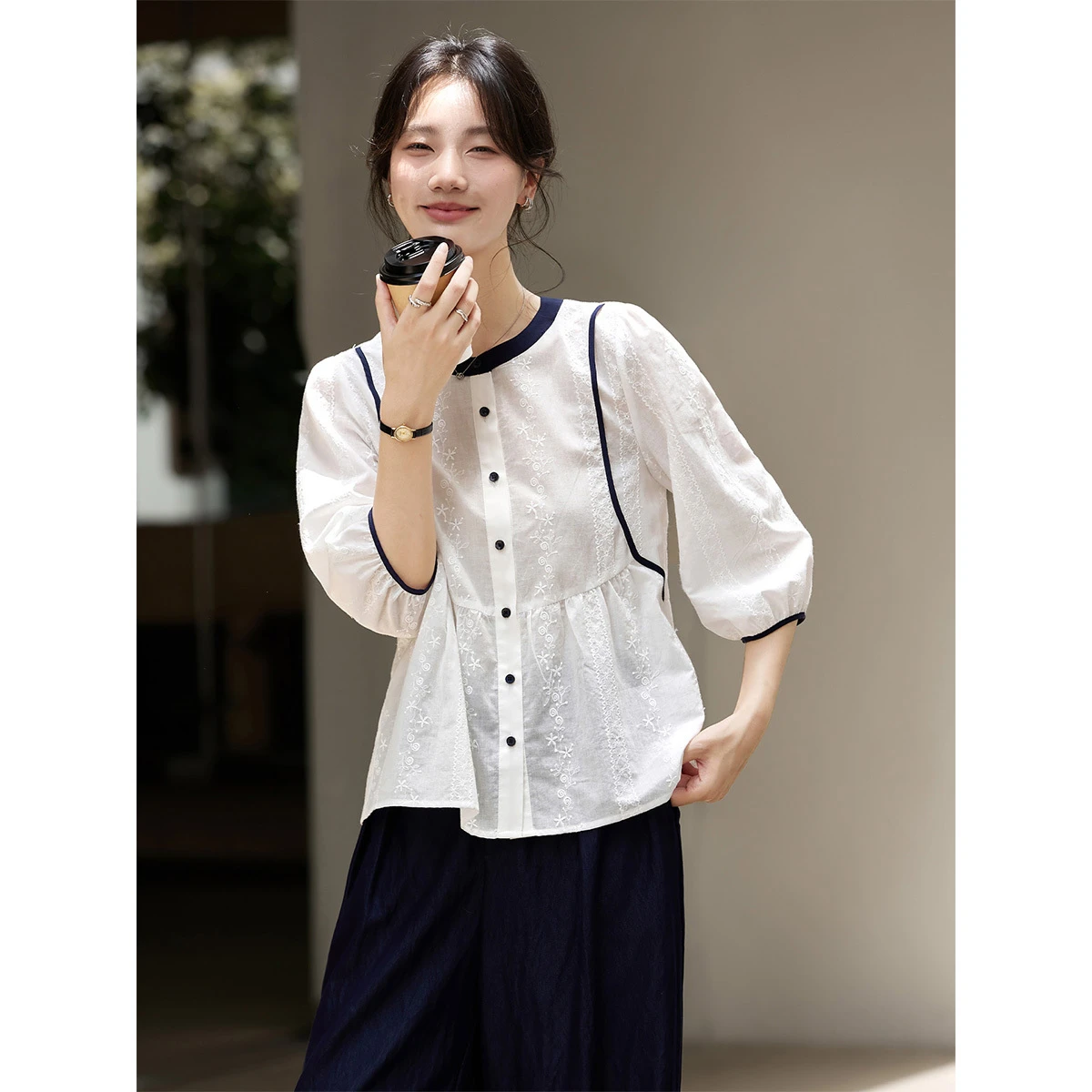 VIMLY Blus Putih Katun Wanita Elegan 2026 Atasan Wanita Muda Lengan Puff Tiga Perempat Jacquard Bordir Musim Semi Musim Panas A2922