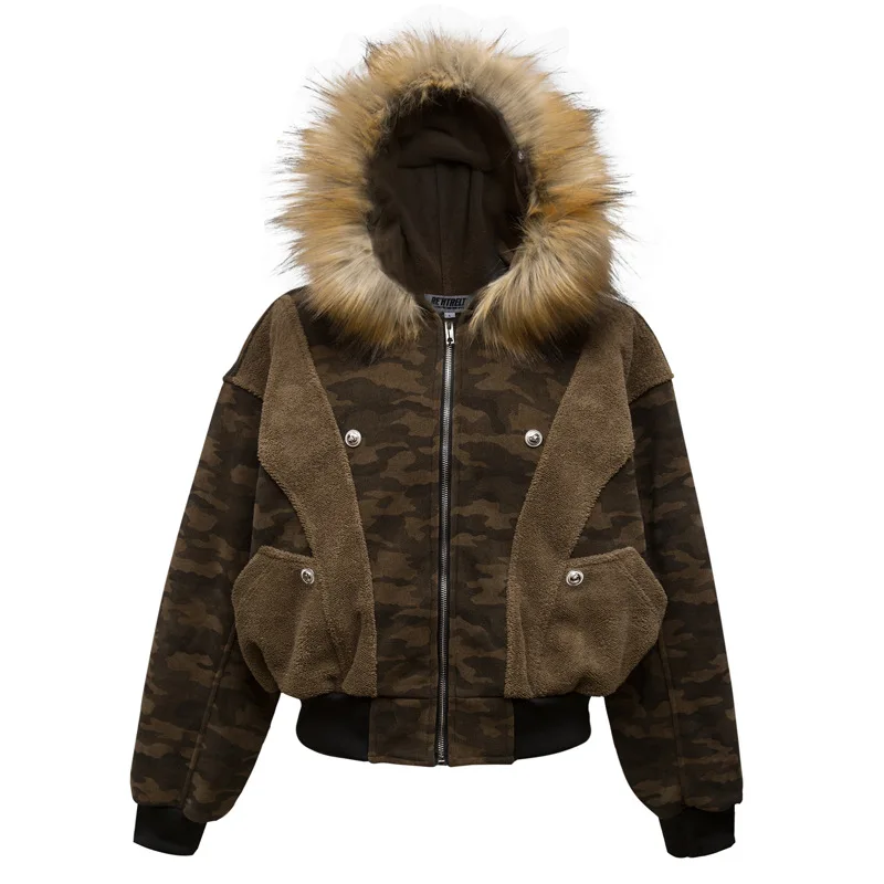 Splicing Camouflage Fur Collar Hooded Jacket Cotton Clothes Men\'s Winter Velvet Loose Short Puffer Jacket