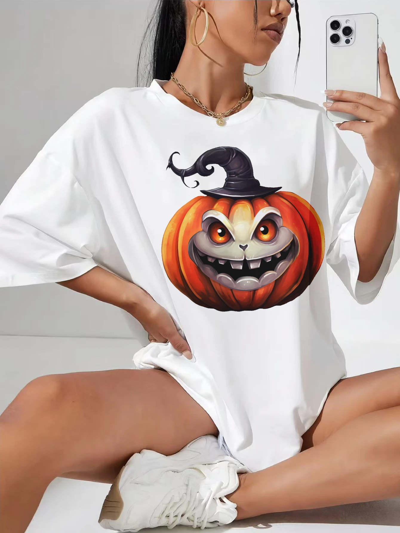 

Свободная белая футболка для беременных Scary Halloween Pumpkin, мягкая хлопковая дышащая футболка с круглым вырезом