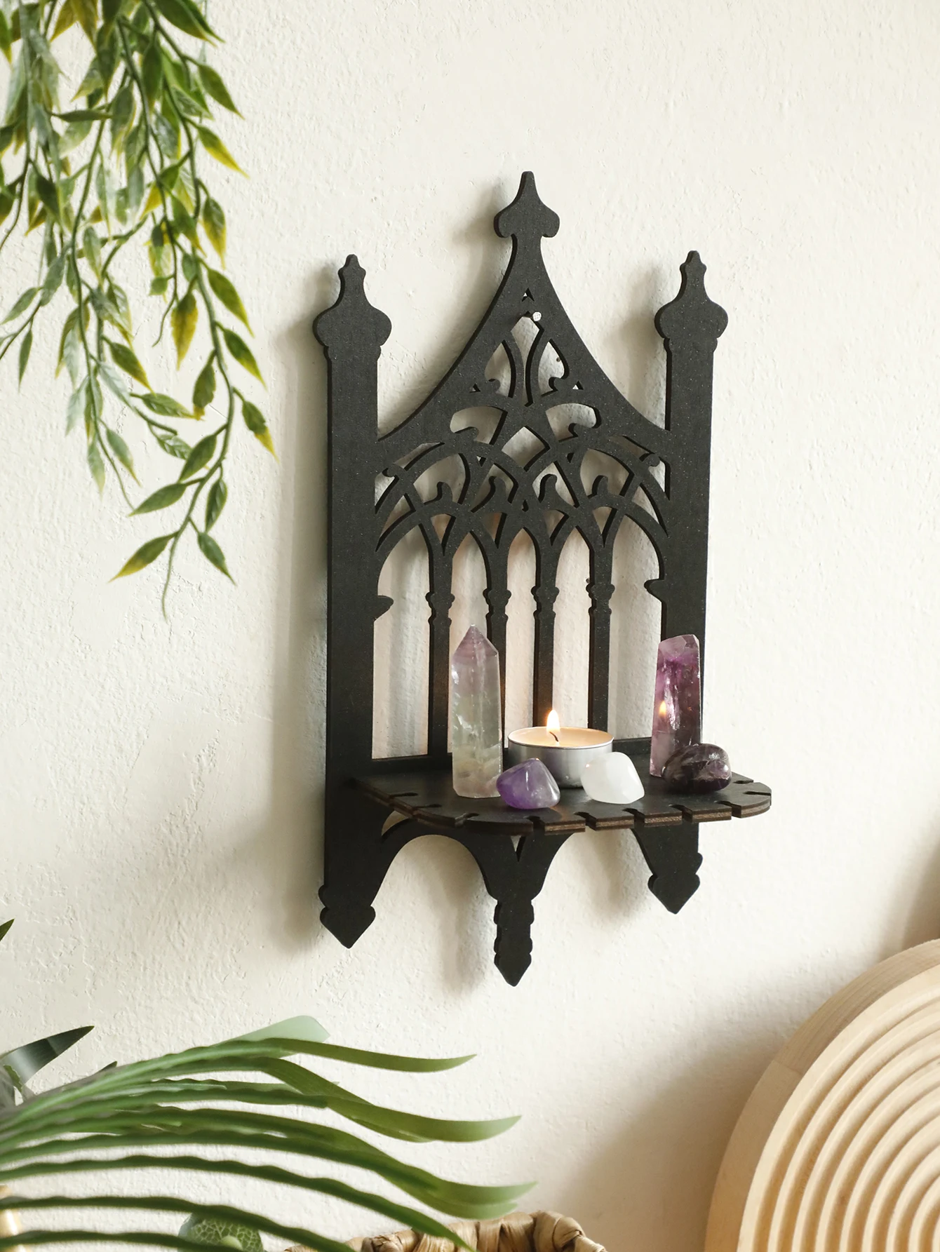 Black Gothic Wooden Shelf Wall Decor Hollow Vintage Fence shape Wall Hanging Decor Floating Shelves Crystal Holder Room Decor