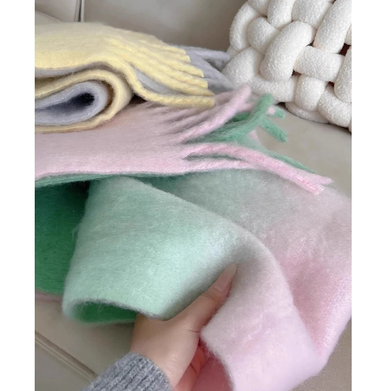 Korean Fashion Winter New Gentle Gradient Color Cashmere for Women Fluzzy Thick Warm Scarf  Big Shawl Scarf with Tassel Wraps