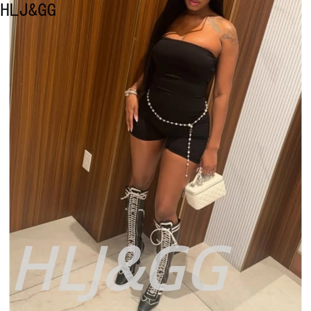 HLJ&GG Sexy Off Shoulder Bodycon One Piece Rompers Women Sleeveless Backless Slim Jumpsuits Fashion Solid Overalls With Chain