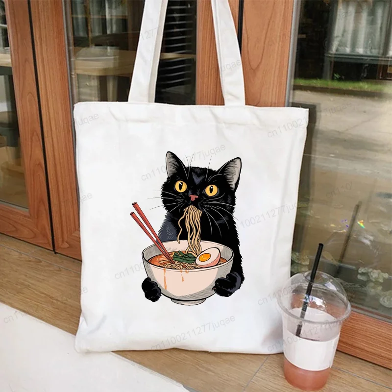 Ramen Cat Anime Graphic Women Canvas Shoulder Tote Bag Cartoon Animal Kitten Lover Funny Shopping Bag Students Reusable Handbags