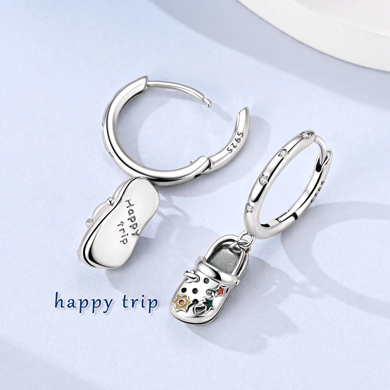 S925 Sterling Silver Cute Croc‑Style Shoe Dangle Huggie Hoop Earrings Color Enamel Star CZ Drop Earring Fashion Jewelry Gift