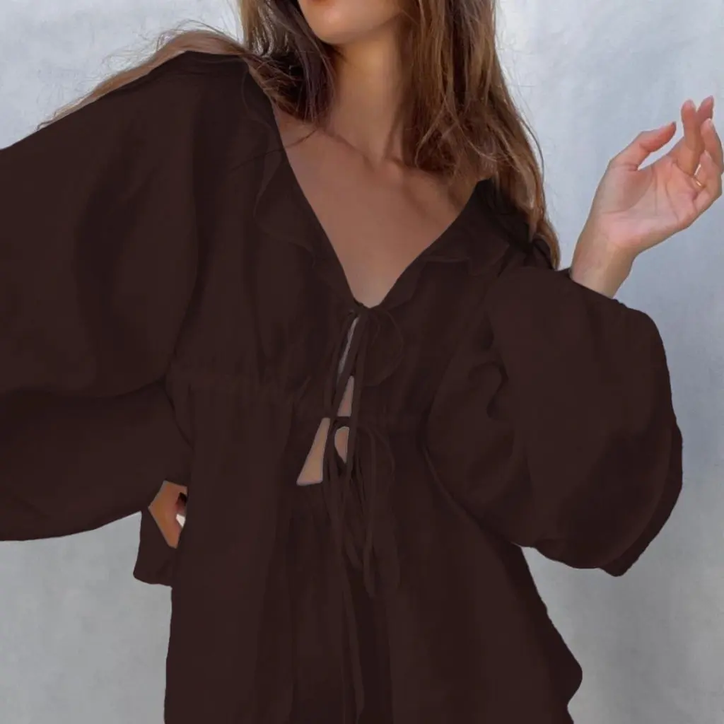 

French Casual Cotton Linen Suit V-neck Puff Sleeve Top Shorts Two-piece Set European American Style Autumn Fashion