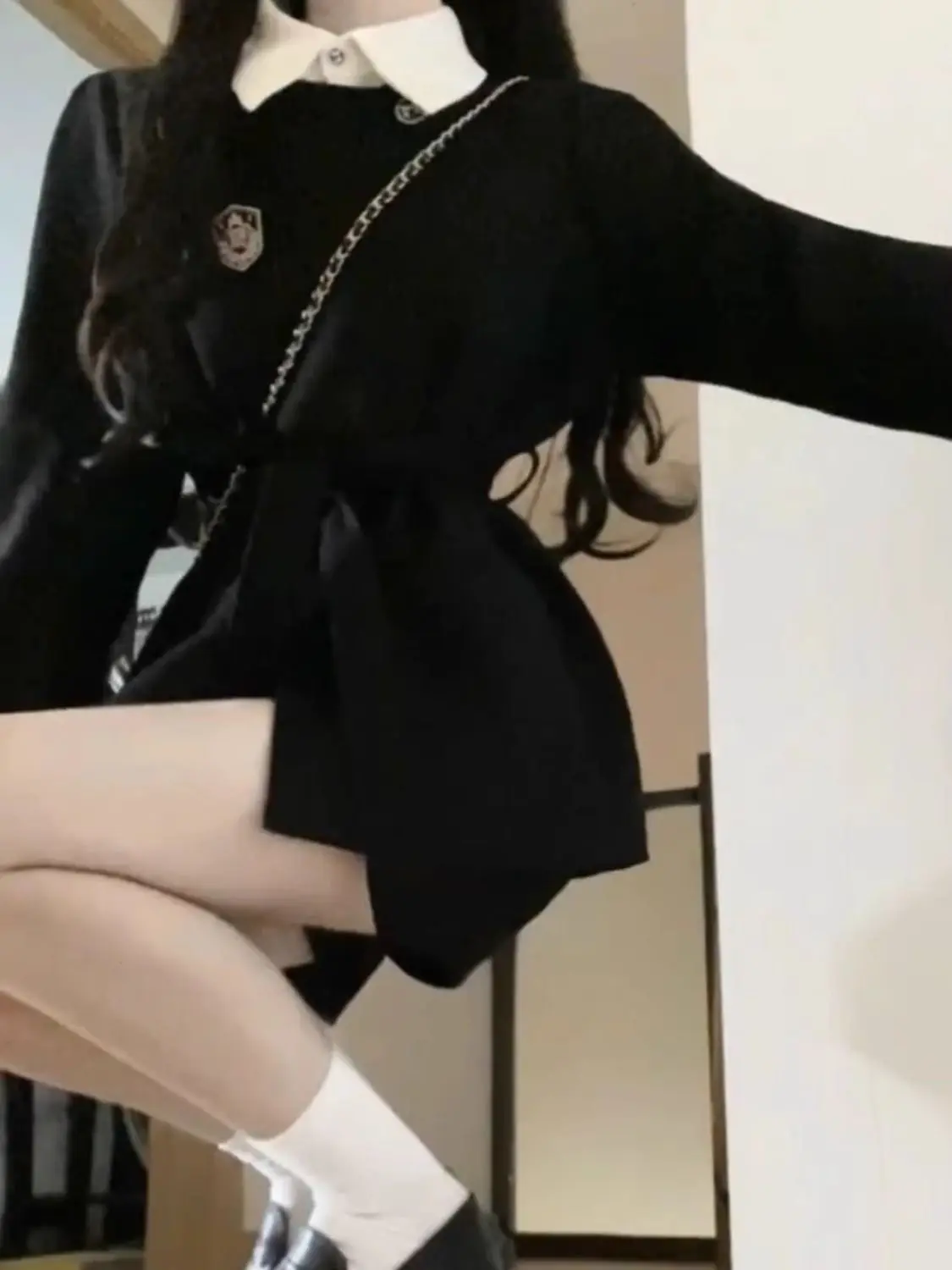 

Retro Black Woolen Suit Jacket Women's Thickened Spring Autumn College Style Fake Two-Piece Set Upper Apparel Fashionable Ens...